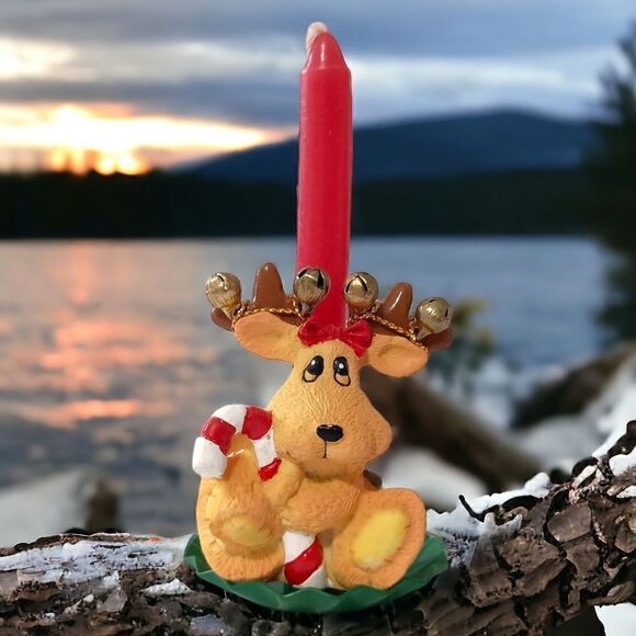 Merry Kiss Moose Candle Holder Vintage Xmas Miniature Holiday Edition Ornament. - Picture 1 of 12